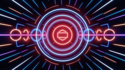 Poster - Vibrant abstract neon circle looping background. Futuristic interface search process. Concept of radiant connection signals. Seamless loop design.