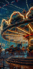 Poster - a beautifully lit carousel at night, glowing with colorful lights and ornate decorations, creating a
