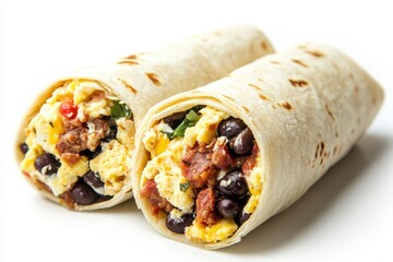 Wall Mural - Two burritos filled with scrambled eggs, black beans, and vegetables.