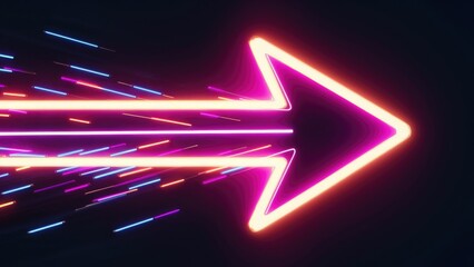Poster - Vibrant neon pink and purple arrow design on dark backdrop. Glowing colorful arrow with striking contrast against a black background. Dynamic neon arrow illustration illuminated on deep black.