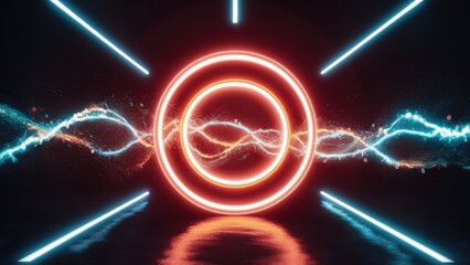 Wall Mural - Vibrant neon rings pulsate in a dark space, creating luminous bokeh effects with dynamic waves and reflections.