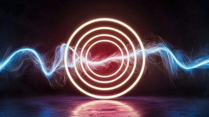 Poster - Vibrant neon rings pulsate in a dark space, creating luminous bokeh effects with dynamic waves and reflections.