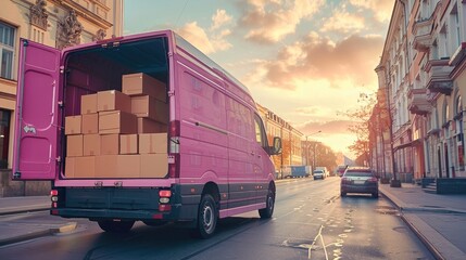 Poster - A pink truck with the door open, a car filled with boxes driving down the road. Generative AI.