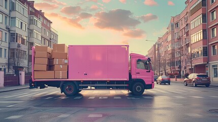 Poster - A pink truck with the door open, a car filled with boxes driving down the road. Generative AI.