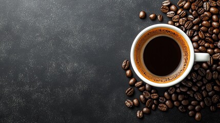 Sticker - Coffee cup and coffee beans on black and white background. Top view with copy space