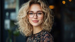 © Sawyer0 - Stylowa młoda kobieta w roli bizneswoman, z kręconymi blond włosami i okularami, które dodają jej nowoczesnego i profesjonalnego wyglądu.