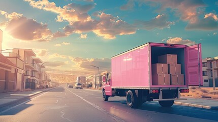 Poster - A pink truck with the door open, a car filled with boxes driving down the road. Generative AI.