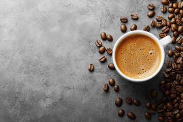 Sticker - Coffee cup and coffee beans on black and white background. Top view with copy space