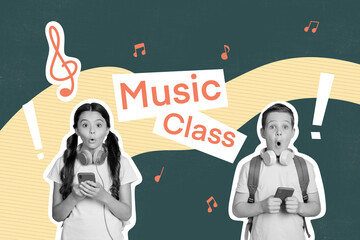 Poster - Composite photo collage of two astonished girl boy wear headphones hold phone music class notes treble clef isolated on painted background