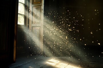 Poster - This image captures sunlit dust particles in a dark room, made visible by a beam of light streaming through a wooden door, highlighting the beauty in the mundane.
