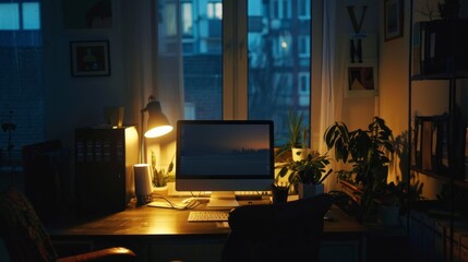 Poster - A computer desk with a monitor, keyboard, and a potted plant