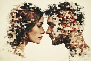 Poster - Romantic Couple Disintegrating into Puzzle Pieces Illustrating the Fragmentation of Identity and Connection in a Relationship Under Emotional Strain