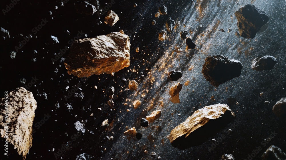 A scene depicting numerous asteroids floating amid cosmic dust in deep ...