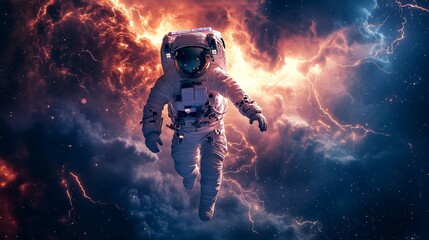 Poster - An astronaut in a spacesuit floats in deep space, surrounded by vibrant cosmic clouds, symbolizing the adventurous spirit and the mesmerizing beauty of the universe.