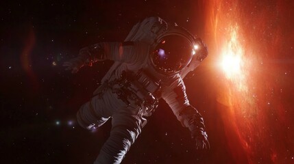 Solitary astronaut in a space suit floating near a bright star shining with orange light in the deep, dark expanse of space depicting exploration and awe.