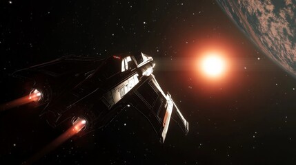 Poster - A sleek spacecraft with glowing engines hurtles through space toward a distant planet, representing humanity's quest for exploration and the thrill of the unknown.