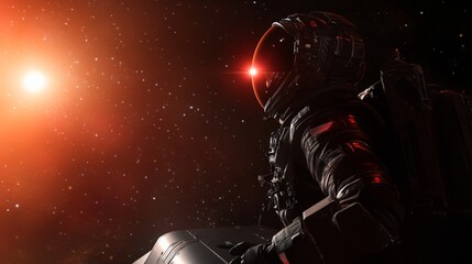 Poster - Astronaut in full gear gazing thoughtfully at the stars, near a glowing stellar body, representing wonder, ambition, and the human desire to explore and discover.