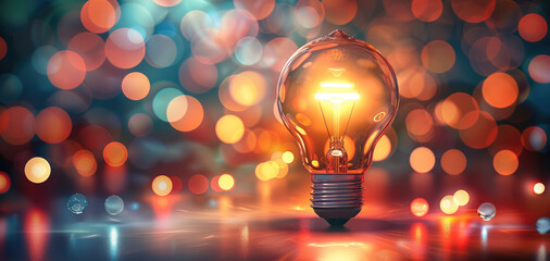 Poster - A glowing light bulb on a blurred background of colorful lights and bokeh. Generative AI.