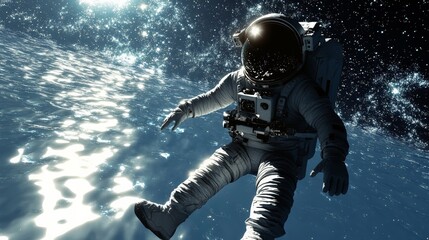 Poster - An astronaut floats effortlessly amidst stars and cosmic reflections, capturing the profound beauty and tranquility of space, along with the mysteries of the universe.