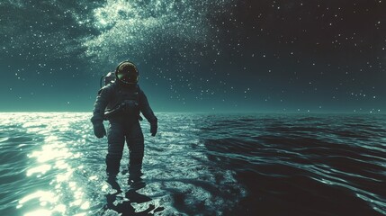 Poster - An astronaut in a spacesuit is standing on water beneath a night sky filled with stars, creating a surreal and mesmerizing scene blending space and ocean.