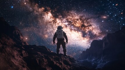 an astronaut in a spacesuit stands on a rocky terrain against a breathtaking cosmic backdrop, highli