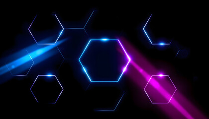 Wall Mural - Dark hexagon gaming abstract vector background with blue and pink colored bright flashes isolated with white highlights, png