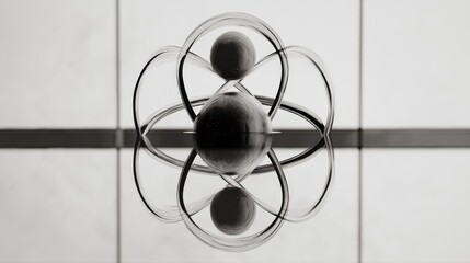 Aufkleber - A monochrome artistic composition featuring transparent glass spheres and fluid arcs, creating a symmetrical and elegant visual effect on a reflective surface.