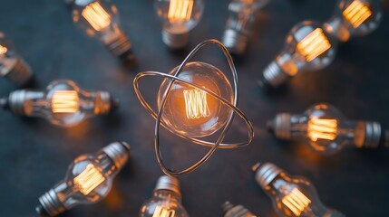 Aufkleber - A creative representation of an atomic structure where the central element is an illuminated light bulb, surrounded by additional glowing bulbs and set against a dark backdrop.