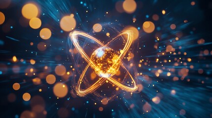 Poster - An eye-catching image of an atomic structure bursting with energy, featuring energetic electrons in motion around a vibrant glowing nucleus, symbolizing scientific breakthroughs.