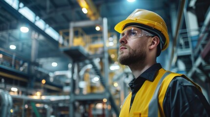 Poster - Man in a hard hat and safety glasses on a construction site or workplace