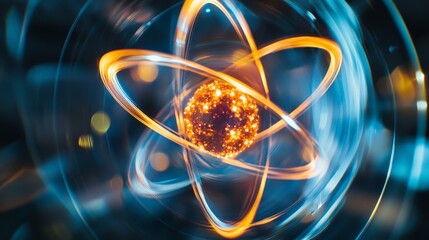 Poster - A dynamic image showing a central atomic nucleus with lively golden electron orbits around it, highlighting the complexity and beauty of atomic structures.