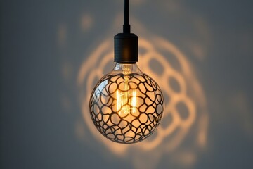 Poster - A hanging bulb lamp with an intricate metal pattern projects mesmerizing shadows on the wall, adding a decorative element to the room and showcasing creative lighting design.