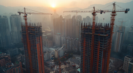 Poster - City building construction sites development and tower cranes. Generative AI.