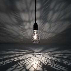 Poster - A single hanging light bulb enclosed in a wireframe structure, casting dramatic and intricate shadows on the surrounding surfaces, creating a beautiful play of light and shadow.