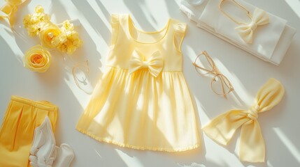 Flat lay of a soft yellow women's dress with small bow accents, displayed with coordinating accessories on a clean, white surface.