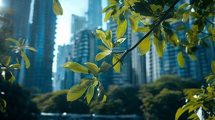 branch with green leaves on a blurred background of a metropolis and tall buildings