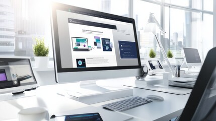Fototapete - Modern computer display on an office desk with a web design studio concept page. Web design company presentation