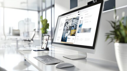 Fototapete - Modern computer display on an office desk with a web design studio concept page. Web design company presentation