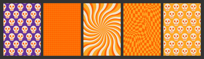 Poster - Groovy halloween backgrounds set. Happy Halloween simple pattern for poster, card in trendy retro style 60-90s. Vector illustration.	