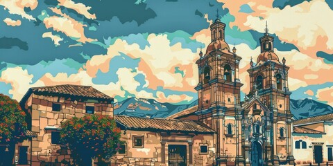 Aufkleber - A picturesque church with a clock tower on its facade