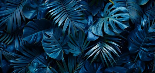 Deep blue tropical leaves in a moody, dramatic arrangement, featuring monstera and palm leaves in a rich, dark color palette, evoking a sense of mystery and exotic beauty