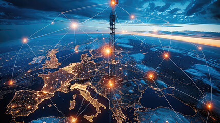 Leinwandbilder - Communication coverage in telecommunication, focusing on global reach, signal strength, and coverage maps. Generative AI.