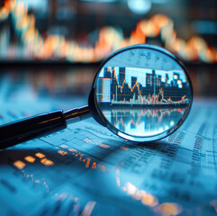 Poster - Magnifying glass which looks onto charts and different fund market analysis. Generative AI.