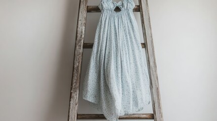 Top view of a women's dress in pastel blue with tiny bow patterns, carefully draped over a rustic wooden ladder leaning against a white wall.