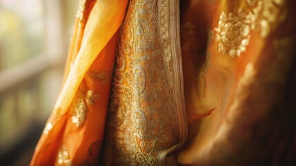 Traditional Indian dupatta with detailed gold work, draped elegantly on a wooden hanger, no people.