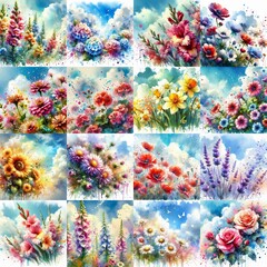 Poster - Watercolor spattering flowers with blue sky, drawing. AI generated illustration