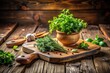 © Adisorn - Rustic wooden cutting board with a vintage ceramic dish, filled with fresh green herbs, sits on a worn wooden table amidst soft, warm lighting.