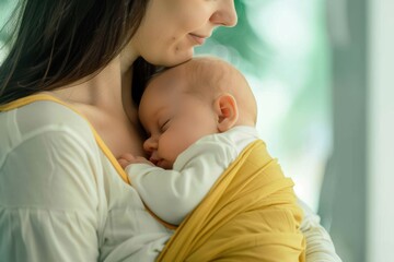 Wall Mural - Close-up on a mother carrying her baby at home Beautiful close-up on a mother carrying her baby at home while he sleeps - lifestyle concepts