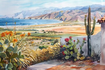 Poster - A scenic view of the ocean and mountains, suitable for use in travel or nature themed projects