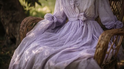 Women's dress in soft lavender with small bow designs, neatly draped over a wicker chair, with natural light creating a soft glow.